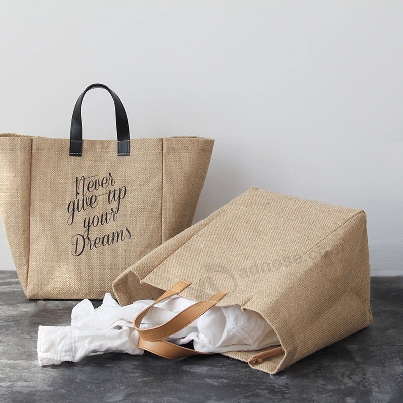 Custom Printed Eco Organic Reusable Large Shopping Tote Burlap Jute Bag with Leather Handles
