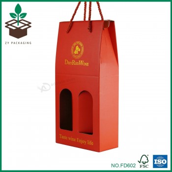 Caja de embalaje de almacenamiento de regalo de papel de cartón corrugado rojo con estampado en caliente para dos botellas, paquetes gemelos