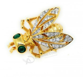 Firmado KJL Kenneth Lane BEE BROCH Pin Faux Emerald Eyes Rhinestone Chapado en oro