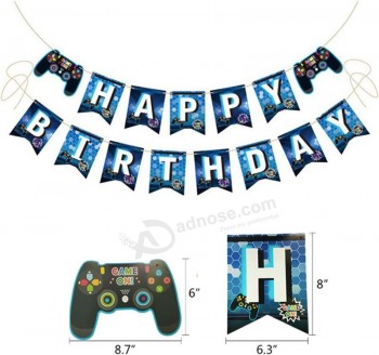 ビデオゲームパーティー用品 - 青いビデオゲームパーティーゲームコントローラーお誕生日おめでとうゲームバナープルフラグ、ゲームコントロー