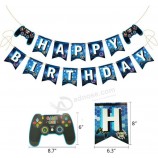Video Game Party Supplies - Blue Video Game Party Game Controller Happy Birthday Gaming Banner Pull Flag, Game Controller Cake Toppers Flags