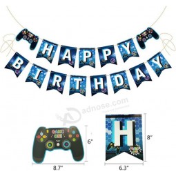 Videospiel Party Zubehör - Blau Videospiel Party Game Controller Alles Gute zum Geburtstag Gaming Banner ziehen Flagge, Game Controller Kuchen Toppers Flaggen