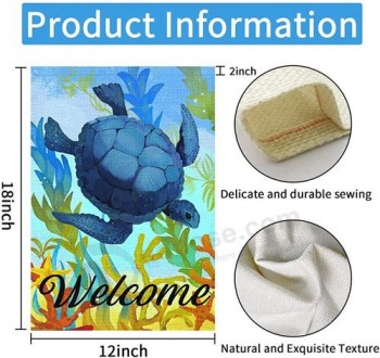 Bienvenue jardin d’été drapeau nageant tortue de mer printemps drapeaux 12x18 pouces double face toile de jute cour bannières pour la décoration saisonnière de ferme en plein air