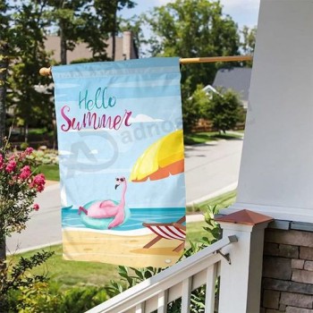 Großhandel benutzerdefinierte hohe qualität niedliche flamingo mit sonnenbrille schwimmen willkommen garten flagge
