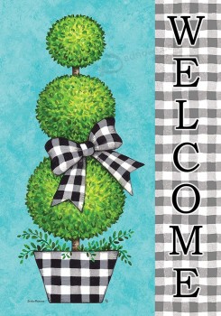 Gingham Topiary Welcome - Garden Size, Decorative Double Sided, Licensed and Copyrighted Flag - Printed in The USA 12 Inch X 18 Inch Approx