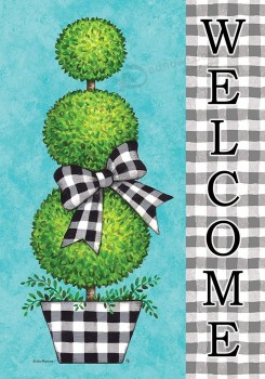Gingham Topiary Welcome - dimensioni del giardino, decorativo a doppia faccia, licenza e bandiera protetta da copyright - stampato negli Stati Uniti 12 pollici x 18 pollici circa