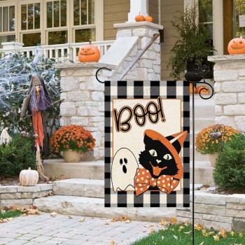 Halloween Boo Cat Garden Flag Double Sided Vertical 12x18 Inch Buffalo Check Plaid Spooky Scary Ghost Funny Cat Yard Flag Seasonal Flag