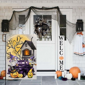 ハロウィーンガーデンフラッグジャックOランタンカボチャノームヤードフラグ12x18黄麻布両面ハロウィーンパープルトラック魔女季節の旗