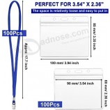 100 pezzi Etichette con nome trasparenti con cordino, Cordini per badge identificativi Cordino riutilizzabile con supporto per documenti identificativi Badge portanome in plastica 