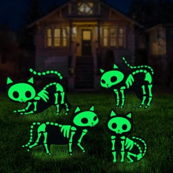 Halloween Decorations Outdoor Yard Signs - 4pcs Glow in the Dark Skeleton Black Cat Silhouette Lawn Signs with Stakes for Halloween