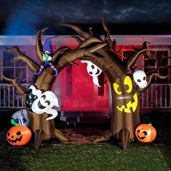 Halloween opblaasbare 10 ft hoge boomboog met schedels en personages voor Halloween-feest