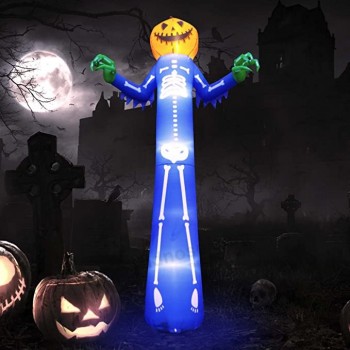 Over 12ft Pumpkin Skeleton Halloween Inflatables Outdoor Decorations, 13ft Grim Reaper Scary Pumpkin Skeleton Decor Skull Blow Up with LED Lights