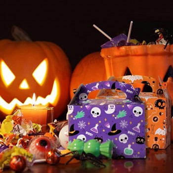 Boîtes de friandises d’Halloween, faveur de fête d’Halloween pour les enfants (6 x 6 x 3,5 pouces), boîte à biscuits d’Halloween en carton pour friandises Candy Goodie cadeau
