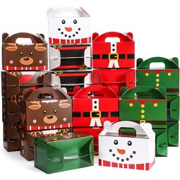Christmas Treat Boxes, 24 Pieces Santa Elf Snowman Elk Xmas Cardboard Present Candy Cookie Boxes with Handles