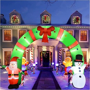 Arco inflable iluminado de Navidad de 10 pies, Papá Noel inflable y arco de muñeco de nieve Decoraciones navideñas interiores y exteriores