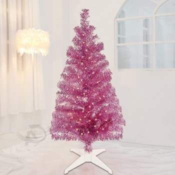 4 FT Pre-lit Artificial Christmas Tree, Lighted Pink Tinsel Pencil Pine Spruce Trees with 70 Warm White LED Lights