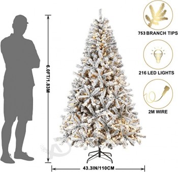 6フィートのプリライト植毛クリスマスツリー人工クリスマスツリー、216個の温かみのある白色LEDライトと753個のつや消しブランチチップ