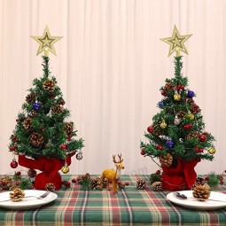 24 Inch Thick Preilt Tabletop Christmas Tree Decor 50 Lights Timer Star, Artificial Xmas Pine Tree Balls Red Berries Pinecone Battery