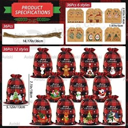 36 piezas de algodón Navidad con cordón Bolsas de regalo de Navidad a cuadros de búfalo Bolsas de dulces de Navidad de algodón Bolsas de tela de Navidad pequeñas Bolsas de regalo G