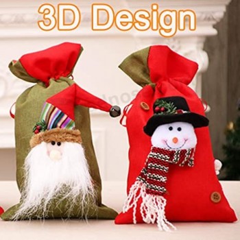 Santa Sacks Drawstring Christmas Bags, 3D Design Fabric Christmas Bags for Christmas Party Supplies, 15 x 8 inch