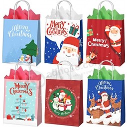 24PCSクリスマスギフトバッグバルク24PCSティッシュペーパー再利用可能なクラフト紙バッグハンドル付きパーティーファンブラーバッグクリスマスラ