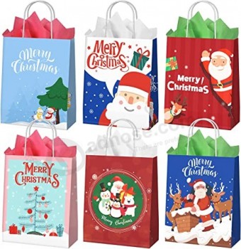 24PCS 크리스마스 선물 가방 대량 24PCS 티슈 페이퍼 재사용 가능한 크래프트 종이 가방 핸들 파티 호의 가방 크리스마스 포장 선물