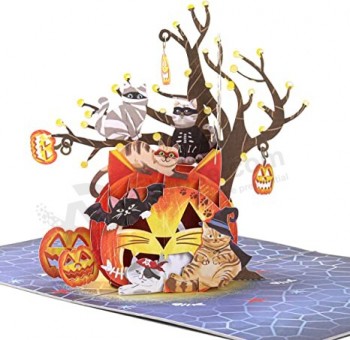 Zucca Gatti 3D Saluto Pop Up Cartolina di Halloween, divertente carta di Halloween per amante dei gatti, bambini, carino | Con messaggio, nota e busta