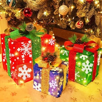 3パック60LEDクリスマス照明付きギフトボックスの装飾プラグインスノーフレークプレゼントボックス松葉クリスマスデコレーションホーム屋内屋外
