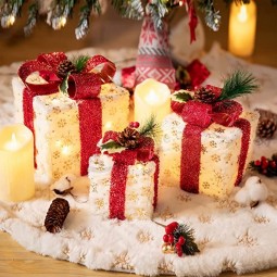 3つのクリスマス照明付きギフトボックス屋内装飾のセット、ゴールデンスノーフレークパターンのクリスマスプレライトプレゼントボックスとぬい