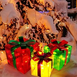 Christmas Lighted Gift Boxes, 60 LED Light Up Deocr Outdoor, Light Up Christmas Boxes Present Decorations Outdoor Yard Red Green Yellow