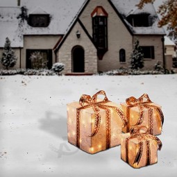 lit Artificial Christmas Décor 3-Piece Set Includes Pre-strung White Lights, Sisal Gift Boxes, 10X10X10.6