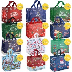 48PCSクリスマス再利用可能な食料品バッグ、ハンドル付きクリスマストートバッグ、クリスマストリートバッグ、多機能不織布クリスマスバッグ