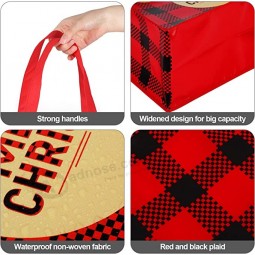 12 pièces Noël Party Favor Bags 14 x 13,8 x 7,5 pouces Grands sacs non tissés de Noël avec poignées réutilisables rouge et noir Plaid Noël