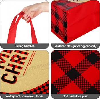 12 pièces Noël Party Favor Bags 14 x 13,8 x 7,5 pouces Grands sacs non tissés de Noël avec poignées réutilisables rouge et noir Plaid Noël