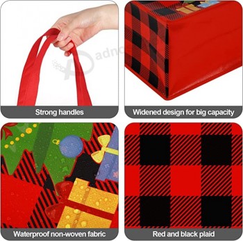12 Piezas Bolsas Grandes de Fiesta de Navidad Reutilizables Bolsas No Tejidas de Navidad a Cuadros Rojos y Negros Bolsas de Regalo con Asas para Fiesta de Navidad
