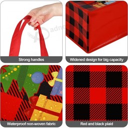 12 Stück große Weihnachtsfeier Taschen wiederverwendbar Rot und schwarz kariert Weihnachten Vliestaschen Geschenktüten mit Griffen für die Weihnachtsfeier