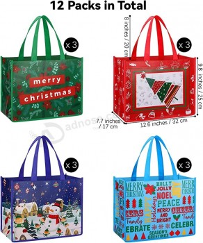 12 Pack Christmas Non-Woven Party Bags 12.6 x 9.8 x 7.7 Inch Reusable Grocery Bag Lightweight Tote Bag with Handles for Christmas