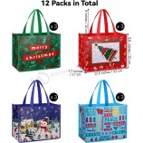 Confezione da 12 sacchetti natalizi per feste in tessuto non tessuto 12,6 x 9,8 x 7,7 pollici Borsa della spesa riutilizzabile Tote Bag leggera con manici per Natale