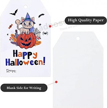 100個のハロウィーン紙ギフトタグ、ひも付き、ハッピーハロウィーンタグ、カボチャの猫パターン、キャンディーバッグ用のパーソナライズされた