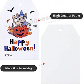 100Pcs Halloween Paper Gift Tags with String, Happy Halloween Tags, Pumpkin Cat Pattern,Personalized Halloween Tags for Candy Bag