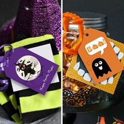 Etiquetas de Halloween, Truco o Trato Etiqueta Artesanal Etiquetas de Regalo con Cuerda, 40 Piezas de Caramelo Piruleta Hornear Galleta Golosina Bolsa de Regalo Envoltura Arte Tarj