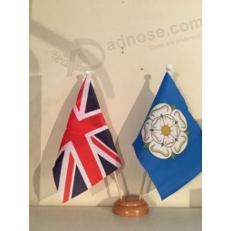 UNIOn JACK AND YORKSHIRE NEW TWIN TABLE FLAG SET with WOODEN BASE 9"X6" FLAGS