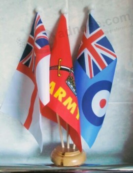 BRITISH ARMED FORCES TABLE FLAG SET 3 flags with 3 hole wooden base MILITARY