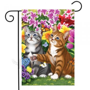 庭の子猫、春、庭、旗、猫、花、12.5 