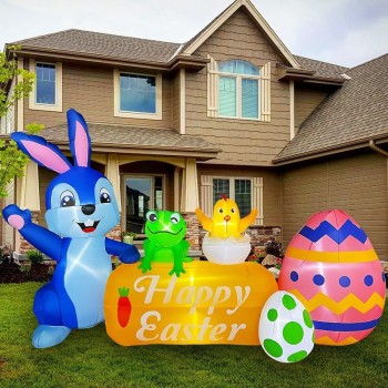 8FT Long Easter Inflatable Bunny with Eggs Frog Chick Decorations, Happy Easter Sign with Build-in LEDs Decor for Lawn Yard Garden Indoor