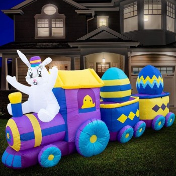 Holidayana 10ft Pasen Opblaasbare Konijnen Trein - Opblaasbare Pasen Outdoor Decoratie Drie Auto Trein met Eieren Opblazen Yard Decor