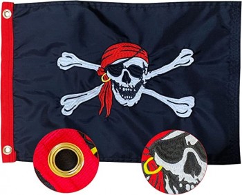 미국 제조 레드 반다나 모자 해적 보트 플래그 12x18 인치, 자수 Jolly Roger 해적 요트 플래그, 2개의 황동 그로메트 포함