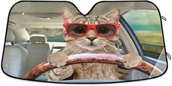 Leuke schattige kat rijdende auto voorruit zonnescherm opvouwbaar UV Ray zonneklepbeschermer zonnescherm om uw voertuig koel te houden (55