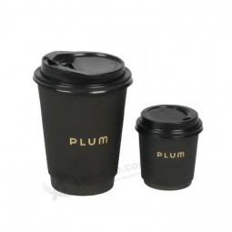 4oz 8oz 12oz disposable double wall gold foil stamping custom logo all black hot coffee paper cup with PS lid