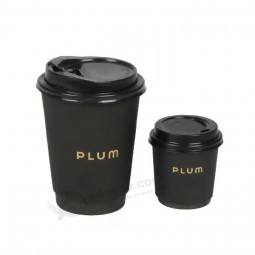 4oz 8oz 12oz wegwerp dubbelwandig gouden folie stempelen aangepast logo alle zwarte hete koffie papieren kop met PS-deksel